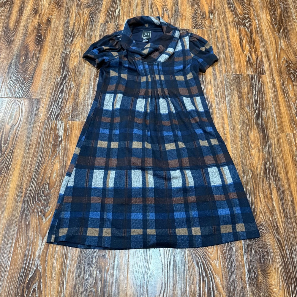 JH Collectibles Womens PS Petite Blue Brown Plaid Cowl Neck Puff Sleeve Dress